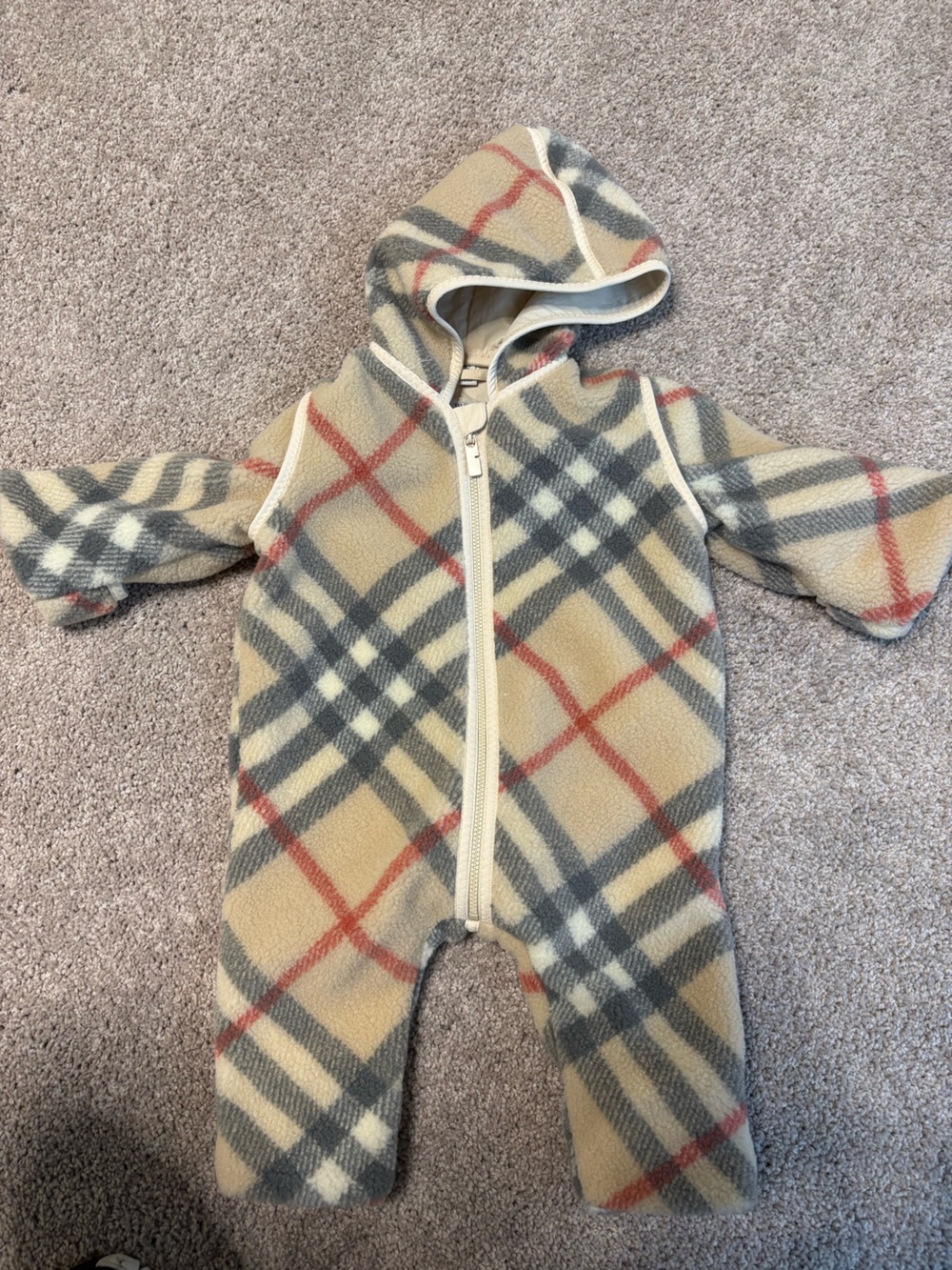 Burberry Beige Hooded Baby Coverall with Multicolor Plaid Trim
